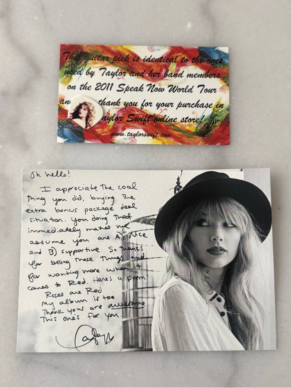 Taylor Swift Speak Now Guitar Pick & Red Handwritten Note Postcard